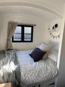 林利斯戈Peaceful Shepherd’s Hut in beautiful countryside.的一间卧室设有一张床和一个窗口
