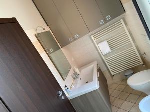 巴罗洛巴罗洛公寓酒店的一间带卫生间、水槽和镜子的浴室