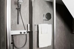 巴特布卢毛温泉绿洲加尼酒店的带淋浴的浴室和玻璃门
