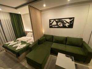 科帕奥尼克Apartmani Džanković的客厅配有绿色沙发和床。