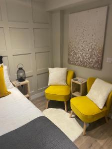 奥本Greenbank, Lower Greenbank Guest Suite的一间卧室配有两张黄色椅子和一张床