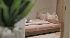 维也纳Ane Apartment的一间卧室配有一张带粉红色枕头和镜子的床