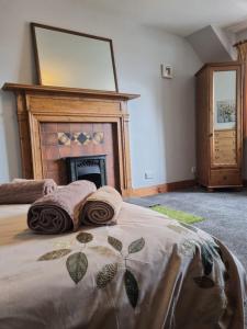 TorwoodleeBalnakiel Cottage, Galashiels的一间卧室设有一张大床和壁炉