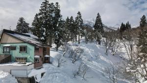 AkakuraSki In Ski Out Myoko. Luxury Chalet sleeps 12的一座树成荫的山丘顶部的房子