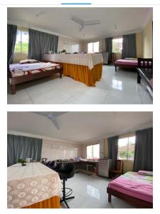 拉瑙Homestay pekan ranau的两张照片,房间内有两张床