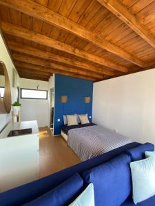 埃拉福尼西岛Ariadne的一间卧室设有一张床和蓝色的墙壁