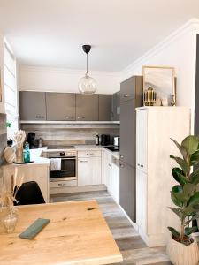 德累斯顿New Deluxe Studio Apartment in quiet back house的厨房配有不锈钢用具和木桌