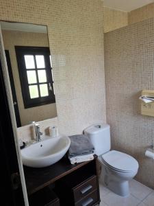 布鲁内特Hostal Asador Julian的一间带卫生间、水槽和镜子的浴室