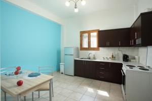 比雷埃夫斯Nikea apartment near Piraeus port and metro st I的一间带桌子的厨房和一间带炉灶及冰箱的厨房