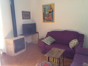 埃尔卡沃德加塔Cortijo Los Flamencos的客厅配有紫色沙发和壁炉