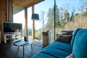 布雷根茨Design Apartment mit Naturblick的客厅设有蓝色的沙发和大窗户