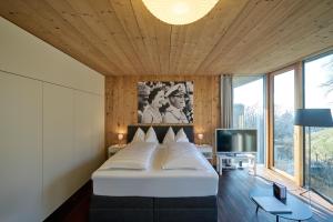 布雷根茨Design Apartment mit Naturblick的一间带大床和电视的卧室
