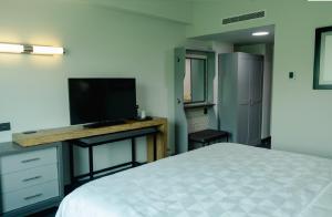 乌鲁阿潘乌鲁阿潘假日酒店的一间卧室配有一张床和一张书桌及电视