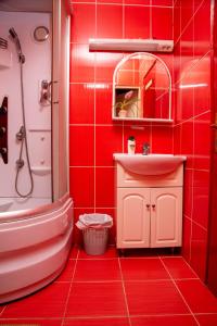 诺维萨德Sobe sa sopstvenim KUPATILOM Private rooms bathroom In CENTER的红色的浴室设有水槽和淋浴