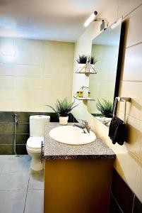 拉纳卡Lina 703的一间带水槽、卫生间和镜子的浴室