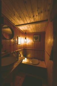 埃尔察赫Bubble-Tent Elzach inklusive Hot Tube Badefass的木制浴室设有水槽和卫生间