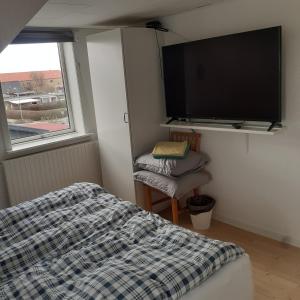 斯文堡Svendborg Cosy的一间卧室配有一张床和一台平面电视