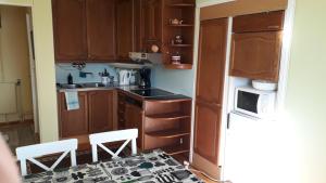 瓦尔考斯Studio mummola的小厨房配有木制橱柜和桌椅