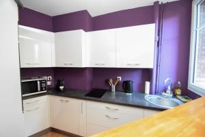 万塞讷Top location near ParisSuperb cosy 2p apartment的厨房配有白色橱柜和紫色墙壁
