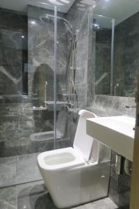 新加坡Comfy Studio 7 by ReCharge的浴室配有卫生间、盥洗盆和淋浴。