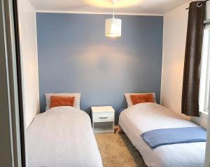 FjordgårdVacation Home in Fjordgård with views of Segla and the Fjord的一间卧室设有两张床和蓝色的墙壁