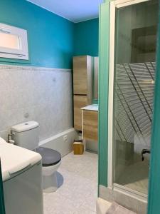 迪耶普Superbe appartement entre mer et ville的一间带卫生间和玻璃淋浴间的浴室