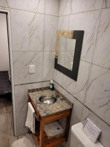 圣弗朗西斯科Monoambiente San Francisco的一间带水槽、镜子和卫生间的浴室