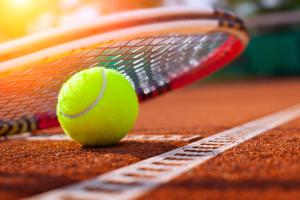 孔夫朗-圣奥诺里讷钟楼康弗兰圣奥诺丽娜酒店的网球场上的网球和球拍