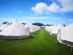卡斯尔敦Nine Yards Bell Tents at the TT的草上一排白色的帐篷