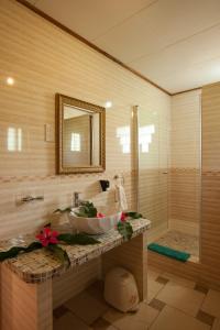 拉迪格岛Etoile Labrine Guest House的一间带水槽和淋浴的浴室