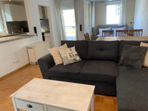 鲁斯特Ferienwohnung Elzblick的一间带灰色沙发的客厅和一间厨房