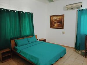 科托努Le Hublot的一间卧室配有一张带绿色窗帘的床