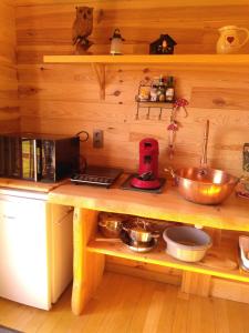 LessiveAu Paradou du Bûcheron Adults only的厨房设有木墙和带水槽的台面。
