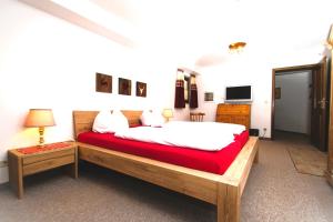 加尔米施-帕滕基兴Apartment Xenia的一间卧室配有一张带红色毯子的大床