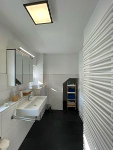 Kröllwitzkomfortable Ferienwohnung in Halle-Kröllwitz的白色的浴室设有水槽和镜子