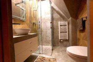 斯扎法拉瑞Przystanek Szaflary -luksusowy apartament w górach的带淋浴、卫生间和盥洗盆的浴室