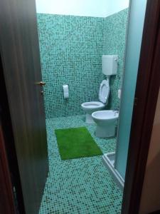 廖卢纳托Monolocale sulle piste alle Polle的一间带卫生间的浴室,铺有绿色瓷砖地板。