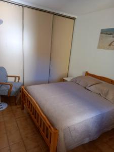 阿格德角Hélios 24, T2 climatisé, parking, terrasse, 500m plage的一间卧室配有一张大床和一把椅子