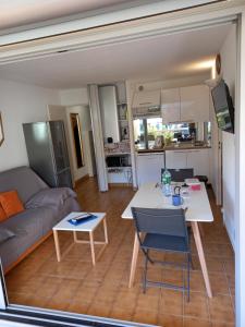 阿格德角Hélios 24, T2 climatisé, parking, terrasse, 500m plage的客厅配有沙发和桌子