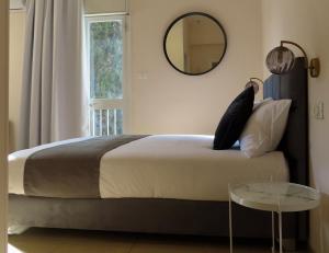 耶路撒冷B12 Inn的一间卧室配有一张带镜子和桌子的床