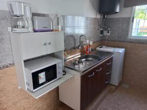 托尔图吉塔斯Casa quinta duplex Tortuguitas的一间带水槽和微波炉的小厨房