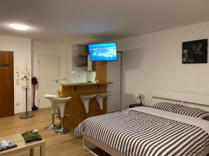 卢森堡studio CHEZ TONY的卧室配有一张床,墙上配有电视。
