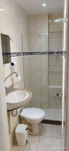 里约热内卢Quitinete ACONCHEGANTE的浴室配有卫生间、盥洗盆和淋浴。