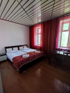铁米尔高佩吉酒店的一间卧室配有红色窗帘的床