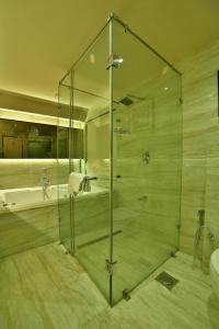 艾哈迈达巴德HOTEL G EXPRESS Formerly Known as TGB Express的一间带水槽和浴缸的浴室内的玻璃淋浴间