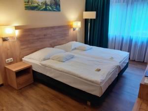 许特根瓦尔德Land-gut-Hotel Zum alten Forsthaus - Aufladestation für Elektroautos的卧室配有一张白色大床和木制床头板