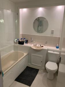 柯科迪NEW Superb One Bedroom Getaway in Dysart Kirkcaldy的一间带水槽、浴缸和卫生间的浴室