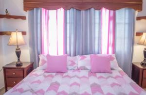 圣多明各Penthouse con jacuzzi La cueva de los 3 ojos的一间卧室配有一张带粉色和白色棉被的床