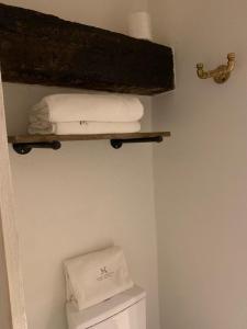 特基斯基亚潘Casa Martha hotel boutique的浴室内卫生间上方的架子上方的两条毛巾