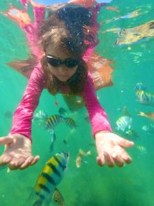 伊卡普伊POUSADA CENÁRIO IDEAL的和鱼一起在水中游泳的年轻女孩